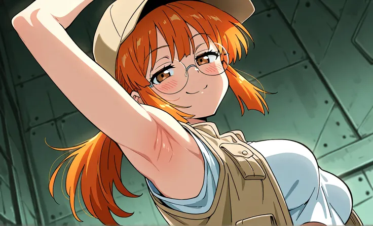 masterpiece, best quality, amazing quality, anime screencap, anime coloring, 1girl, solo, Fio Germi, toned, (muscular female:0.9), baseball cap,brown headwear,beige hat,long hair,orange hair,ponytail,sidelocks,brown eyes,bangs,round eyewear,crop top,(beige...