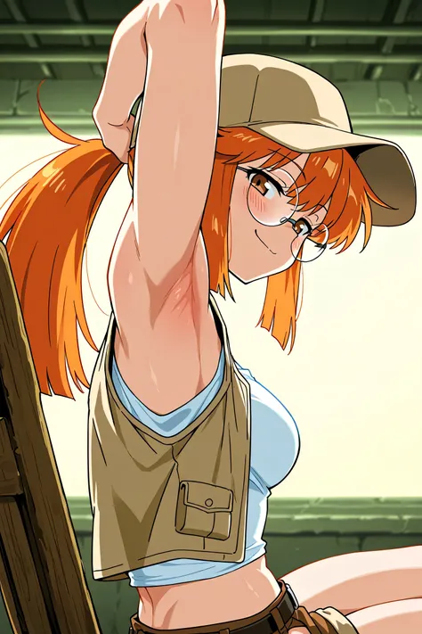 masterpiece, best quality, amazing quality, anime screencap, anime coloring, 1girl, solo, Fio Germi, toned, (muscular female:0.9), baseball cap,brown headwear,beige hat,long hair,orange hair,ponytail,sidelocks,brown eyes,bangs,round eyewear,crop top,(beige...