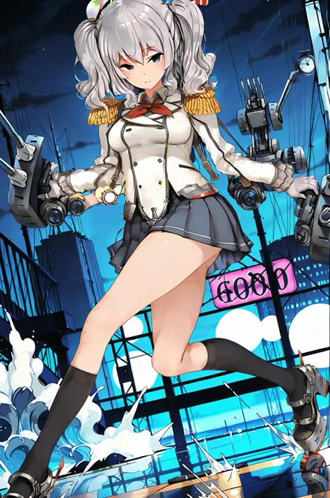 kashima,,1girl, solo, kashima skating on the sea, k_hat,black beret,k_clothes,rudder footwear,k_ro,machinery,turret, ((shooting)), masterpiece, best quality, high resolution, absurdres, highres, depth of field, masterpiece, best quality, high resolution, a...