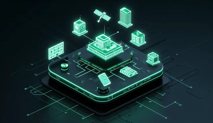 A sleek digital illustration showing a futuristic GPU-powered cloud representing Aethir acting as the foundation beneath various real-world assets RWAs — stylized as glowing icons of buildings, solar panels, satellites, supply chains, and tokenized documen...