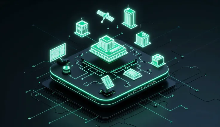 A sleek digital illustration showing a futuristic GPU-powered cloud representing Aethir acting as the foundation beneath various real-world assets RWAs — stylized as glowing icons of buildings, solar panels, satellites, supply chains, and tokenized documen...