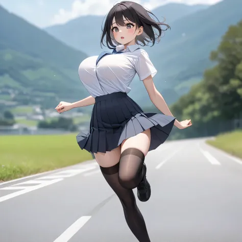 (primarily school), landscape, BREAK, solo, (1 little student walking:1.2), skinny girl, (bouncing large breasts), arched back, BREAK,bursting large breasts, too short torso, too narrow waist, skinny legs BREAK, school uniform, white collared shirts, (gray...