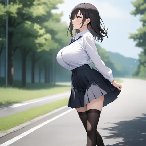 (primarily school), landscape, BREAK, sideview, solo, (1 little student walking:1.2), skinny girl, (bouncing large breasts), arched back, BREAK, bursting large breasts, too short torso, too narrow waist, skinny legs BREAK, school uniform, white collared sh...
