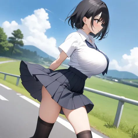 (primarily school), landscape, BREAK, sideview, solo, (1 little student walking:1.2), skinny girl, (bouncing large breasts), arched back, arms behind back, BREAK, bursting large breasts, too short torso, too narrow waist, skinny legs BREAK, school uniform,...