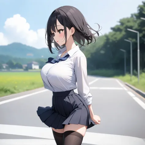 (primarily school), landscape, BREAK, sideview, solo, (1 little student walking:1.2), skinny girl, (bouncing large breasts), arched back, arms behind back, BREAK, bursting large breasts, too short torso, too narrow waist, skinny legs BREAK, school uniform,...