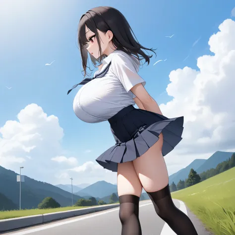 (primarily school), landscape, BREAK, sideview, solo, (1 little student walking:1.2), skinny girl, (bouncing large breasts), arched back, arms behind back, BREAK, bursting large breasts, too short torso, too narrow waist, skinny legs BREAK, school uniform,...