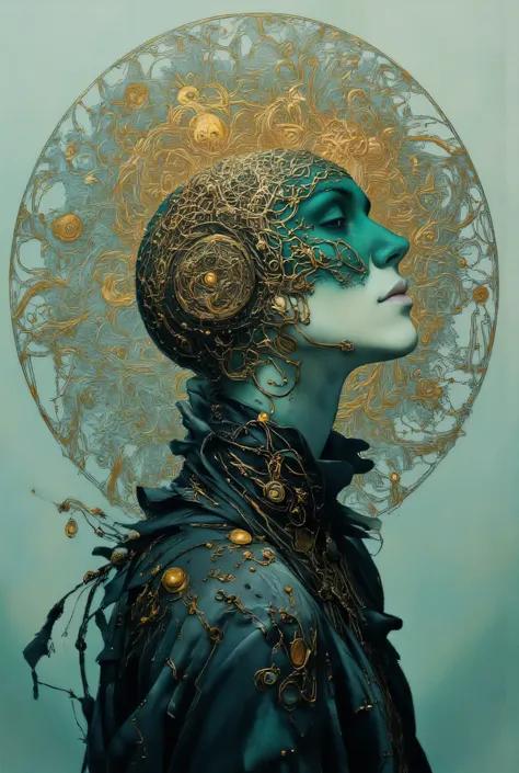 Ethereal minimalist Alien race cybergoth fashion photography painting, in the style of teal and gold, use of palette knives, waist-high portrait, intricate, sharp_focus, concept_art, background zentangle fog.