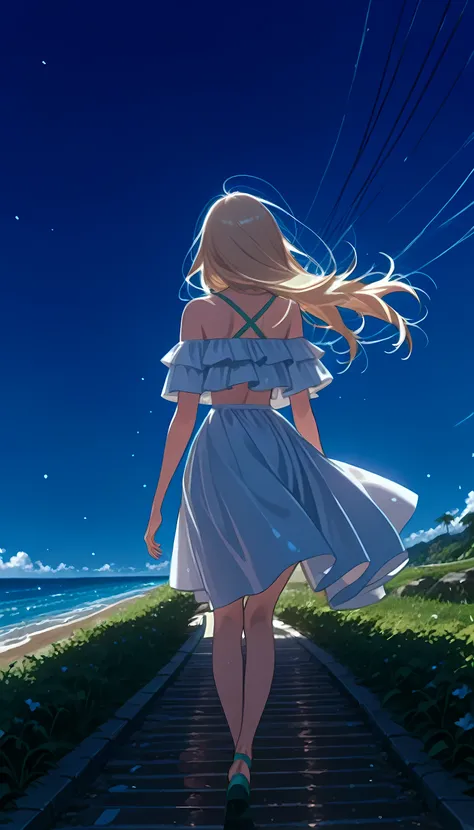 (Beautiful with long hair)、Blue Sky、Walking along the seaside path 、