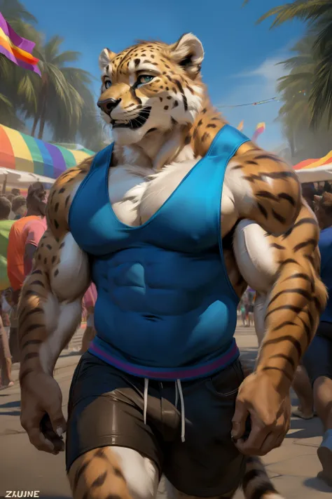 ((By Zaush)), ((By Chunie)), ((By Darkgem)), handsome, sexy, hot, muscular male anthro furry Cheetah, celebrating at a pride day festival in the city. Male, feline, furry, Cheetah, muscular, muscular male, masculine, muscles, abs, pecs, biceps, clothing, w...