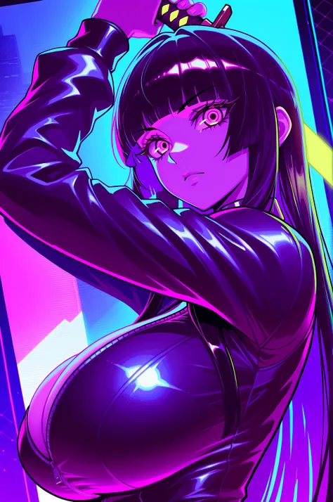 masterpiece, best quality, good quality, absurdres, highres, cyber punk,
BREAK 
1girl, Face Focus, Side Angle, upper body, black hime cut, (magenta eyes), holding Katana pose,dynamic angle, huge breasts
BREAK
Backlight, one side light, cybernetic digital b...