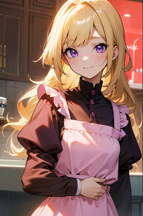 womanhood、Blonde、No bangs、straight hair、hair gathered at the back、purple eyes、black off-the-shoulder innerwear、red dress、long sleeve、pink apron with ruffles、Smile Yan、upper body close-up、 morning cafe 、In front of the counter 、Spacious interior