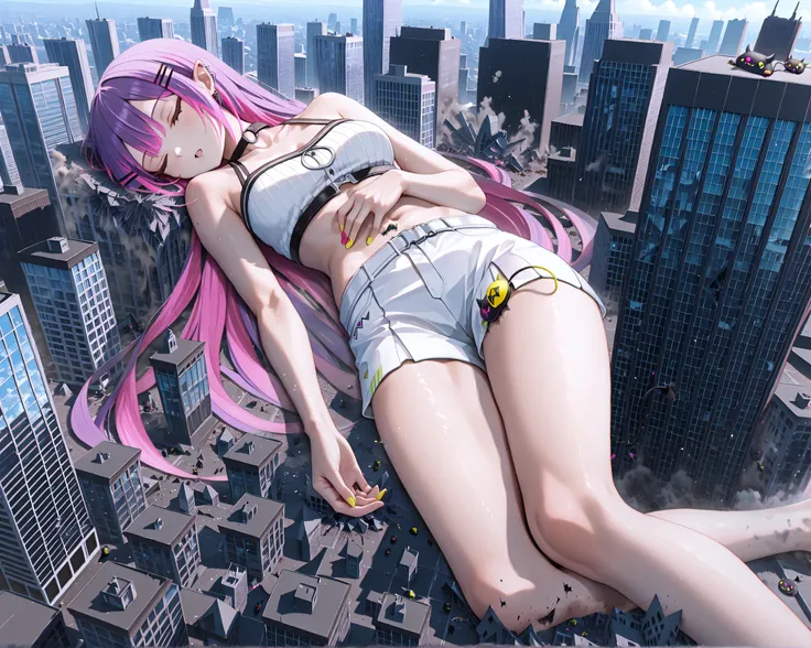 masterpiece, best quality, great quality, very detailed,"Tokoyami Towa " are sleeping in each other's arms, The gigantic "Tokoyami Towa "  towering higher than any building, Miniature cities, ruined miniature cities,Densely packed buildings, Destroying bui...