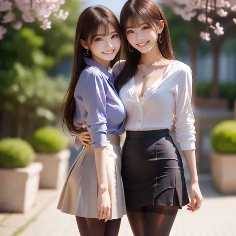 masterpiece,best quality,high resolution,anatomically correct,Ultra Fine.
Cherry blossom trees.cherry tree at the entrance ceremony.Two beauties.2 are beautiful Japanese women.twin tails.side tail.2 are unsurpassed beauties.1 is blonde.(((2 are wearing bus...