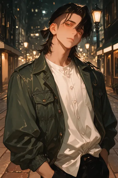 face, portrait, face focus, cowboy shot, neutral expression, looking at viewer, closed mouth, standing, 1boy, (femboy), relaxed posture, solo, pale, ((hazel eyes)), black hair, medium hair, ((tied back hair)), undercut, ((navy green jacket)), white button ...