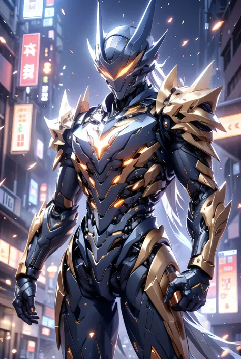 Ultra-detailed futuristic bulky mecha armor worn by a tall warrior, a perfect fusion of sleek cyberpunk aesthetics and ancient monster design — titanium-blue and gold plating with glowing energy veins, mechanical wings folded on the back, helmet with a sha...