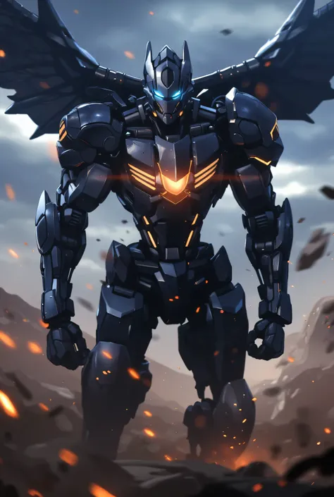 Ultra-detailed futuristic bulky mecha armor worn by a tall warrior, a perfect fusion of sleek cyberpunk aesthetics and ancient monster design — titanium-blue and gold plating with glowing energy veins, mechanical wings folded on the back, helmet with a sha...
