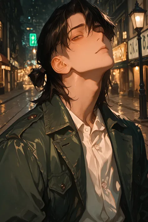 face, portrait, face focus, wide shot, raised eyebrow, looking at viewer, closed mouth, standing, 1boy, (femboy), relaxed posture, solo, pale, ((hazel eyes)), black hair, medium hair, ((tied back hair)), undercut, ((navy green jacket)), white button shirt,...