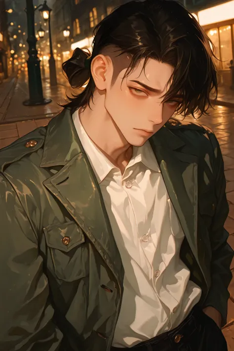 face, portrait, face focus, wide shot, raised eyebrow, head down, looking at viewer, closed mouth, ((standing)), 1boy, (femboy), relaxed posture, solo, pale, ((hazel eyes)), black hair, medium hair, ((tied back hair)), undercut, ((navy green jacket)), whit...