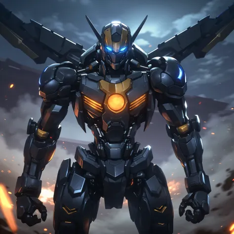 Ultra-detailed futuristic bulky mecha armor worn by a tall warrior, a perfect fusion of sleek cyberpunk aesthetics and ancient monster design — titanium-blue and gold plating with glowing energy veins, mechanical wings folded on the back, helmet with a sha...