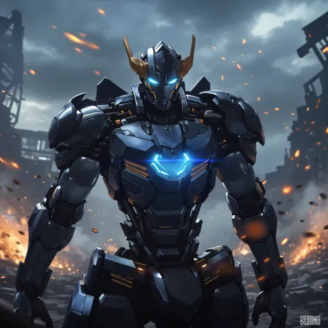 Ultra-detailed futuristic bulky mecha armor worn by a tall warrior, a perfect fusion of sleek cyberpunk aesthetics and ancient monster design — titanium-blue and gold plating with glowing energy veins, mechanical wings folded on the back, helmet with a sha...