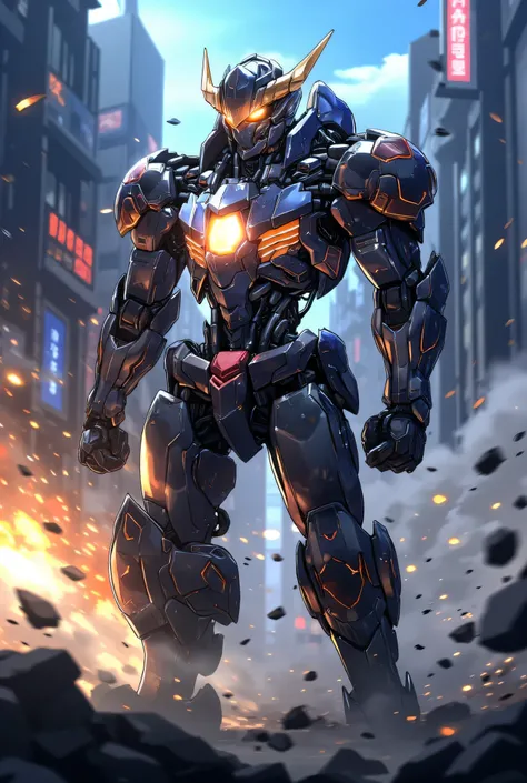 Ultra-detailed futuristic bulky full body mecha armor worn by a tall warrior, a perfect fusion of sleek cyberpunk aesthetics and ancient monster design — titanium-blue and gold plating with glowing energy veins, mechanical wings folded on the back, helmet ...