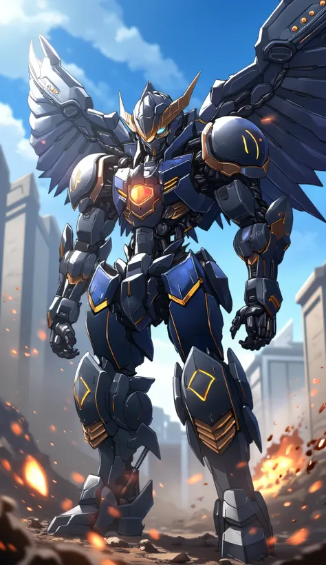 Ultra-detailed futuristic bulky full body mecha armor worn by a tall warrior, a perfect fusion of sleek cyberpunk aesthetics and ancient monster design — titanium-blue and gold plating with glowing energy veins, mechanical wings folded on the back, helmet ...