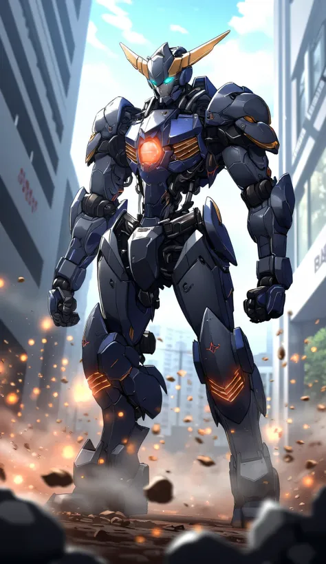 Ultra-detailed futuristic bulky full body mecha armor worn by a tall warrior, a perfect fusion of sleek cyberpunk aesthetics and futuristic design — titanium-blue and gold plating with glowing energy veins, mechanical wings folded on the back, helmet with ...