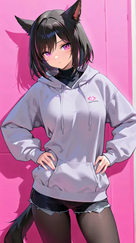 ((solo)), ((2girl)), Black hair, ((highlights hair, pink streaked hair)),, Quality_masterpiece, anatomically accurate, Beautiful Face,  Perfect facial features , Highly detailed beautiful face and eyes, Attractive Face, big Brest, Miqo'te, gray Short hoodi...