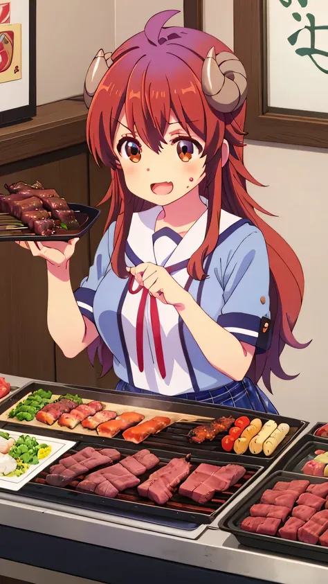 {{{masterpiece}}}, (best quality:1.5), (ultra-detailed:1.5), {illustration}, {{an extremely delicate and beautiful}}, (beautiful detailed eyes:1.6), absurdres, highres, extremely detailed face, 16k, hd, visual anime de uma jovem mulher, extremamente bonito rosto de anime, anime melhor garota, (perfect hands, perfect anatomy), (five fingers:1.1), anime face, yoshida yuuko(Machikado Mazoku), yuuko yoshida, shamiko, 1girl, solo, cute face, ager, long hair, hair between eyes, bangs, brown hair, ahoge, sidelocks, horns, (brown eyes:1.3), demon tail, large breasts, big hips, curvaceous, BREAK, {school uniform}, blue shirt, shirt tuck out, short sleeves, blue sleeves, white sailor collar, red ribbon tie, short skirt, (plaid skirt:1.2), blue skirt, (black pantyhose:1.2), brown loafers, BREAK, cute face, open mouth, smiling, sit, Japanese BBQ restaurant, single eating BBQ, grilled BBQ on the net, galbi(traditional Japanese  BBQ dish), beef intestines(beef offal), heart(traditional Japanese  BBQ dish), Japanese -style BBQ, sizzling, smoky aroma, delicious marinated meat, vivid colors, traditional atmosphere, warm lighting
