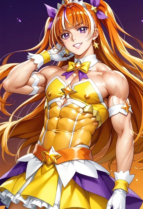 score 9 、score 8 up、score 7 up、source anime、傑作、Best quality、Best resolution、best image quality、anime coloring、anime screencap、1boy、cure twinkle、(male:1.6)、man is wearing a yellow strapless dress、solo、long hair、orange hair、low tied long hair、multicolored ha...