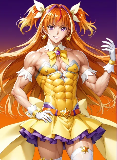 score 9 、score 8 up、score 7 up、source anime、傑作、Best quality、Best resolution、best image quality、anime coloring、anime screencap、1boy、cure twinkle、(male:1.6)、man is wearing a yellow strapless dress、solo、long hair、orange hair、low tied long hair、multicolored ha...