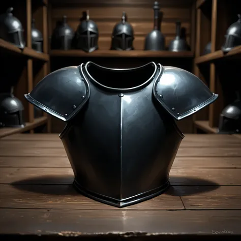 A metal cuirass Polished is displayed centrally on a rustic wooden table, with its surface reflecting ambient light. This piece of armor, of a remarkably dark hue, features riveted shoulder straps and a smooth, slightly curved chest plate that suggests pro...