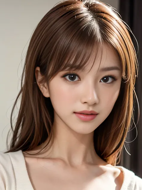 A beautiful young Japanese Idol, model-like appearance,
smile, Highly detailed face and skin texture, perfect face, Detailed eyes, droopy eyes, (natural makeup), glossy lips, hyper pretty face, (brown ash hair), Fitted white top, Slender, Stylish, radiant...