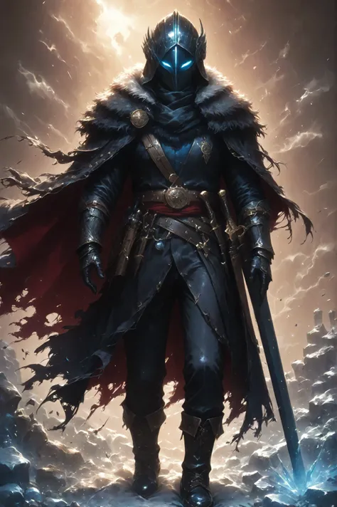 one man ArsMovieStill, Gothic Dark Fantasy movie still,Bl4ckR4ven4rmor, armor, black robe, bracers, boots, red waist curtain, fur shoulder armor, helmet, glowing eyes,Bondrewd, male, black coat, overcoat, ascot, black gloves, helmet, masked, long sleeves, ...