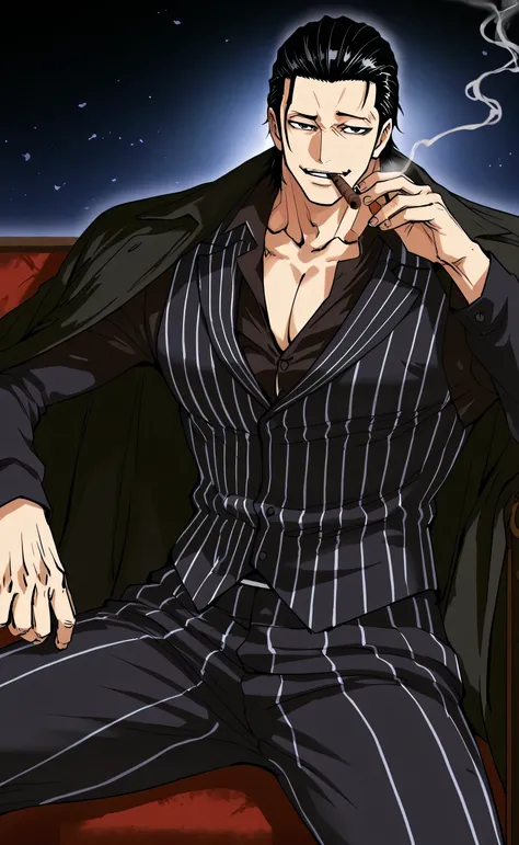 1male,solo,Crocodile,black hair,short hair,slicked back,black eyes,coolface,black coat,smoking,cigar,Lookism PTJ Style