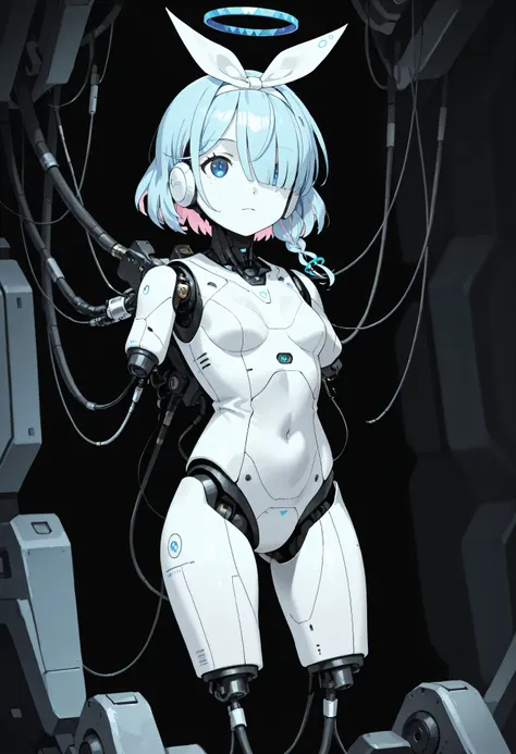 1girl, solo, android, cable, Machinery Parts, white skin, white bodysuit, Adjutant, robot, front shots, thighs, amputee arms, amputee legs, <lora:bluearchive-arona-s1-ponyxl-lora-nochekaiser:1>, arona, blue eyes, blue hair, hair over one eye, bangs, halo, ...