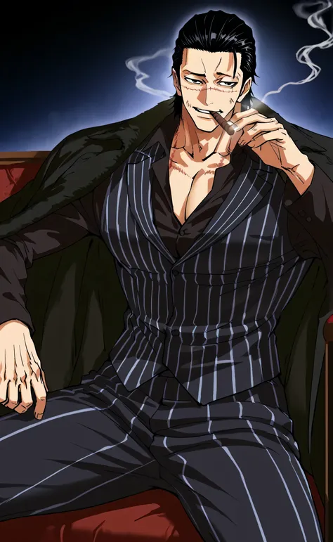 1male,solo,Crocodile,black hair,short hair,slicked back,black eyes,coolface,1scar on face,black coat,smoking,cigar,Lookism PTJ Style