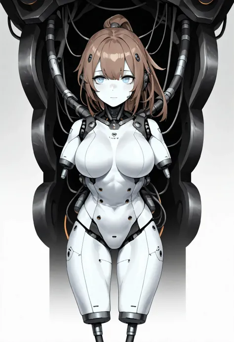 1girl, solo, android, cable, Machinery Parts, white skin, white bodysuit, Adjutant, robot, front shots, thighs, amputee arms, amputee legs, girls frontline, brown hair, ponytail, blue eyes, large breasts, 