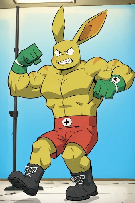 a giant muscles boxing kangaroo, yellow skin, green boxing gloves, red shorts, bigger cartoon eyes, big ears, big feets, black boots, muscular body, full body, macro size, giant size, 50 foot size, hypercartoon, 8K, intricate details, photocartoon, studio ...