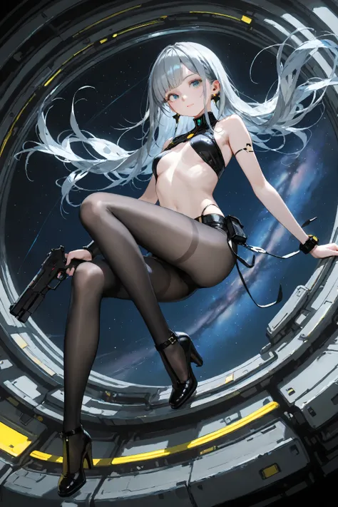 Famous Paintings, High Definition, high resolution, 16K,  Makoto Shinkai's illustrations, Details, hyperrealistic, Digital Painting, cyberpunk, SF, one petite girl、Full Body、 small breasts、beautiful face、long eyelashes、fair skin、blue eyes、stars in my eyes、...