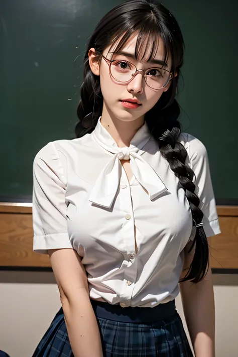 top quality, stay focused, Rembrandt's Light/Dark Method, super high resolution, (photorealistic:1.4), RAW photo, ((Female Student Seduces Teacher)),Holding glasses with both hands、
1 Japanese girl, solos,  braids, Babyface, cute, (pupil,   輝くpupil), Red c...