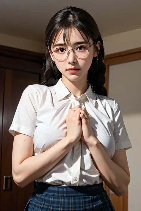 top quality, stay focused, Rembrandt's Light/Dark Method, super high resolution, (photorealistic:1.4), RAW photo, ((Female Student Seduces Teacher)),Holding glasses with both hands、
1 Japanese girl, solos,  braids, Babyface, cute, (pupil,   輝くpupil), Red c...