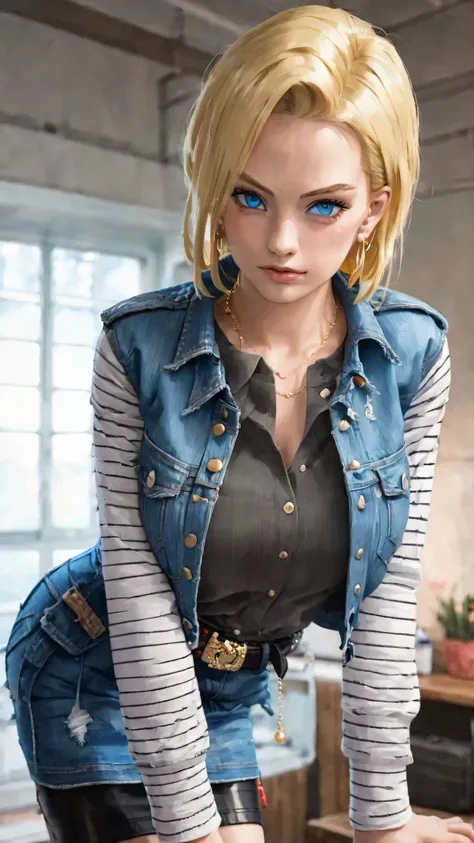 zzAndroid18, blue eyes, blonde hair, short hair,,zzAndroid18, blue eyes, blonde hair, short hair,  jacket, denim, denim jacket, jewelry, earrings, long sleeves, shirt, skirt, belt, stripes, ,