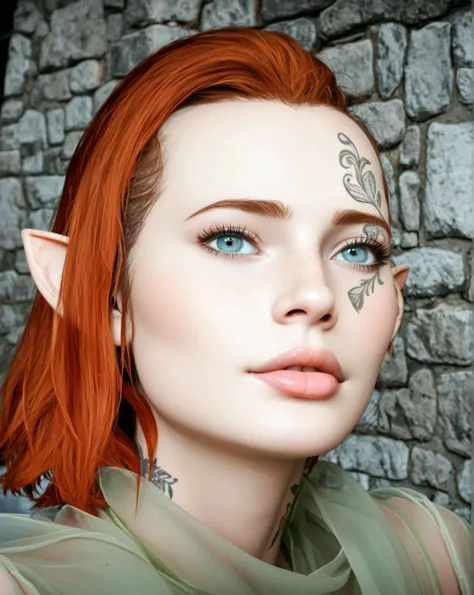 dragon age inquisition, elven character, elf woman, she has elf ears, female character, Perfect round medium breasts, short red lesbian hair, juicy lips, sexy body, slim waist, thin, skinny, scantily clad, translucent clothing, ornate embroidery, shibari, ...
