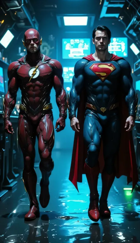 A hyper-realistic, ultra-detailed 8K cinematic full-body shot of The Flash and Superman walking side by side toward the camera inside the Batcave. Both are fully facing the camera with confused expressions — furrowed brows, slightly open mouths, and cautio...