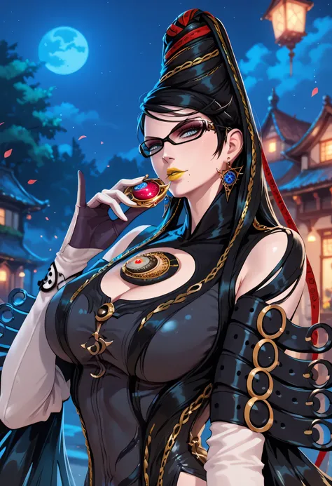 woman, big breasts, yellow lipstick, anime style, blue eyes, black hair, white skin, night, Bayonetta 