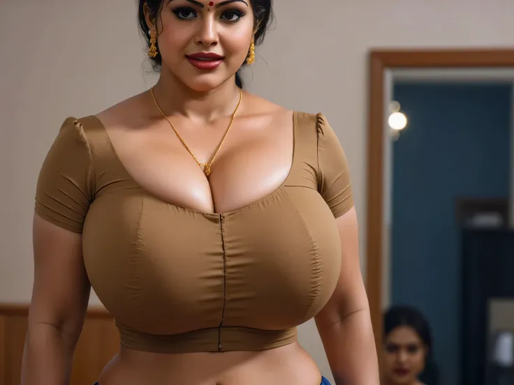 Hot indian curvy thick milf, thick thighs, woman wearing sleeveless and strapless  tanktop and tight jean shorts, woman standing in front of a mirror, sexy pose
