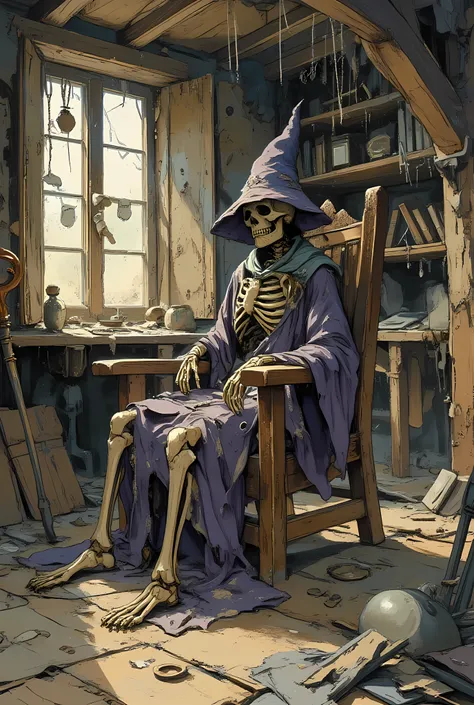 oil painting style, full shot of a skeleton seated in an old wooden chair inside a crumbling wizard's hut, wearing a tattered wizard robe and a dusty pointed hat, cobwebs hanging from the ceiling, magical books and artifacts scattered around, a broken staf...