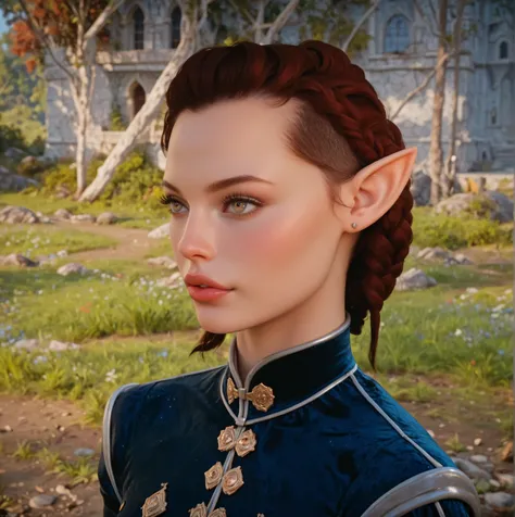 dragon age inquisition, elven character, elf woman, she has elf ears, female character, Perfect round medium breasts, short red lesbian hair, juicy lips, sexy body, slim waist, thin, skinny, silk, ornate embroidery