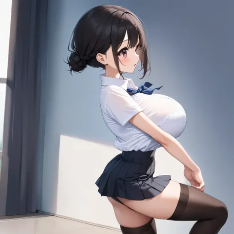 (elementary school), landscape, bra_visible_through_clothes, BREAK, sideview, solo, (1 little elementary school student standing), skinny girl, (bouncing large breasts), arched back, arms behind back, BREAK, (bursting large breasts:1.2), too short torso, t...